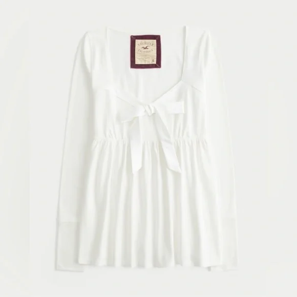 Hollister Satin Tie Front Babydoll Top White Y2K Coquette Long Sleeve M NWT - Picture 4 of 5